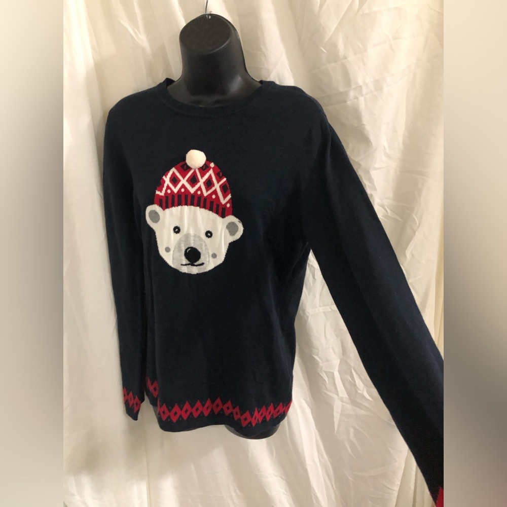 Tommy Hilfiger navy blue pompom beanie teddy bear‎ print red trim sweater size L